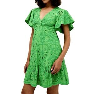 Marie Oliver Dress 10 Green Mini Linen Blend Embroidered Beach Tropical